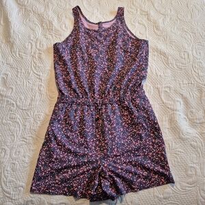 Athleta Girl size XXL or 16 gray with pink and coral design tank romper EUC